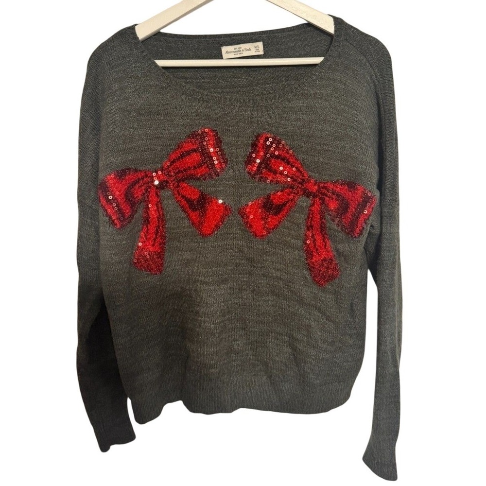 Abercrombie‎ & Fitch Sweater Sequin Bows M/L Gray Womens Holiday Coquette Knit